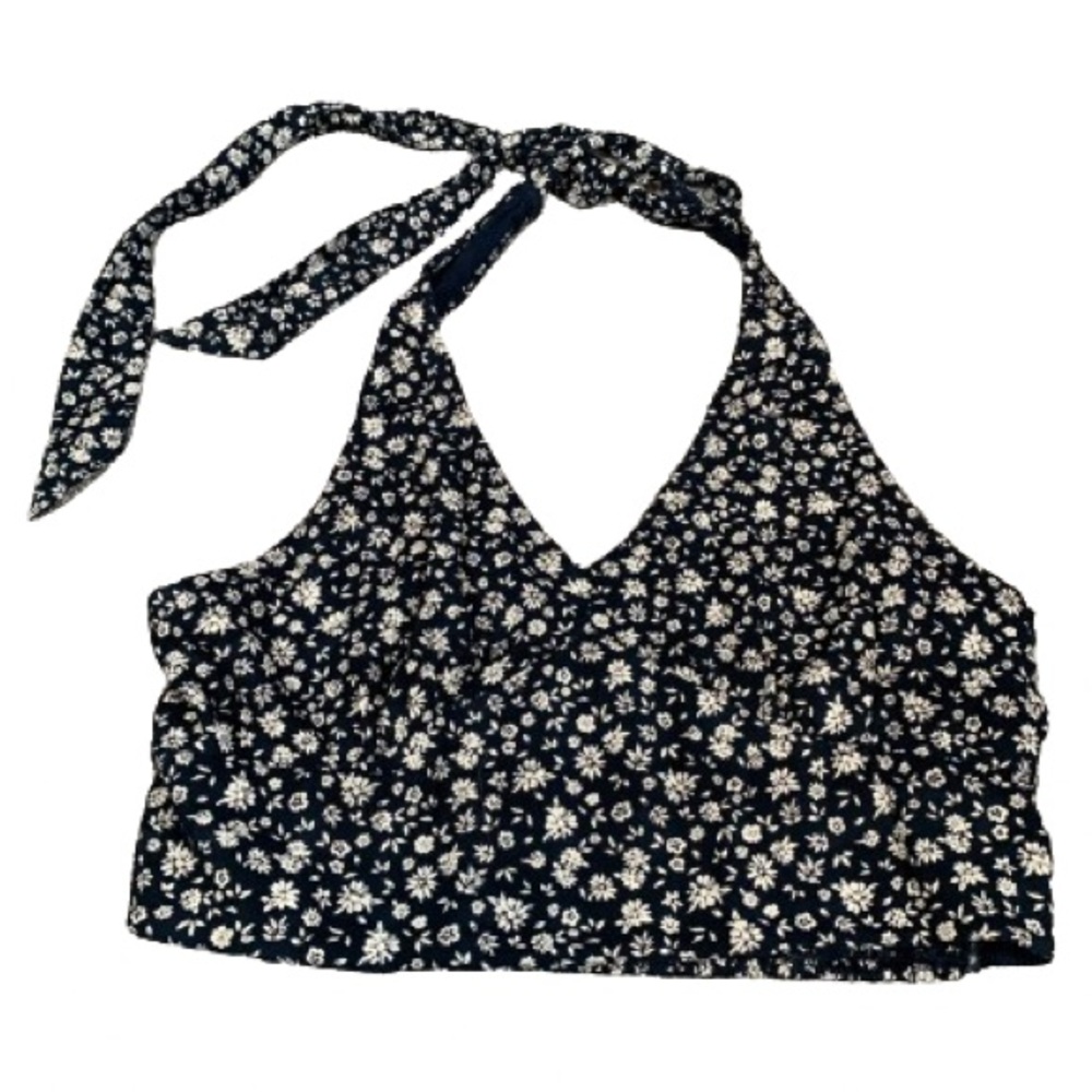 American Eagle Coquette Crop Halter Top White Flowers Size Medium Y2K